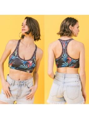 Flying Tomato | Floral Print Racerback Sports Bra Black Navy Blue New Large